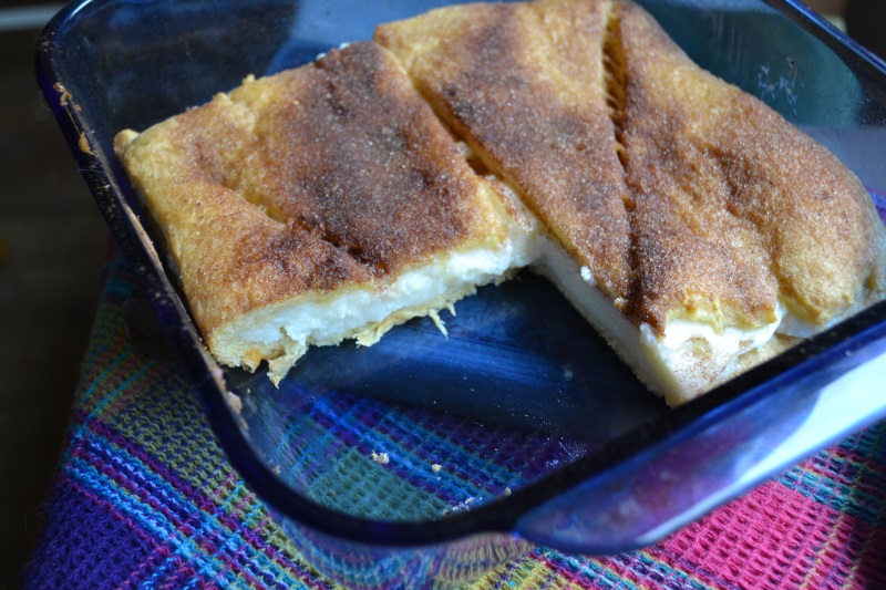 Easy cheese danish covered in cinnamon and baked in blue dish from www.ApronFreeCooking.com