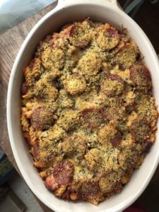 Baked meat lovers pasta overhead view of casserole dish from www.ApronFreeCooking.com