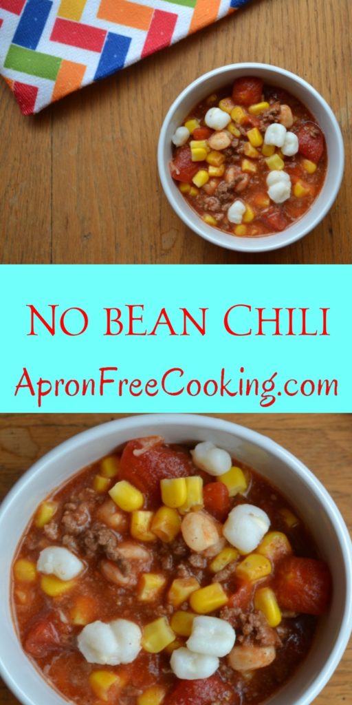 No Bean Chili in white bowl with mutli colored table cloth. Easy to make chili from www.ApronFreeCooking.com