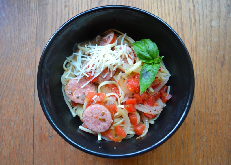 One Pot Italian Pasta in black bowl with basil garnish from www.ApronFreeCooking.com