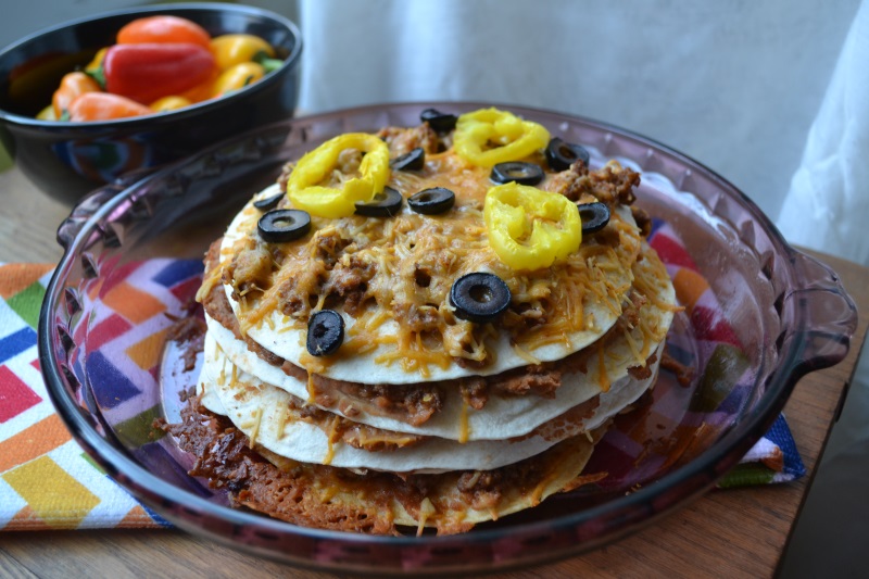 Taco Lasagna with black olives and yellow peppers from www.ApronFreeCooking.com