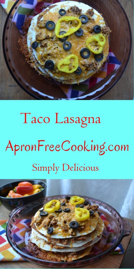 Taco lasagna with beans, salsa, yellow peppers and black olives from www.ApronFreeCooking.com