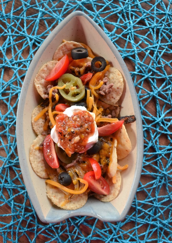 Nacho Grande Boat with Sweet Pepper Salsa from ApronFreeCooking.com