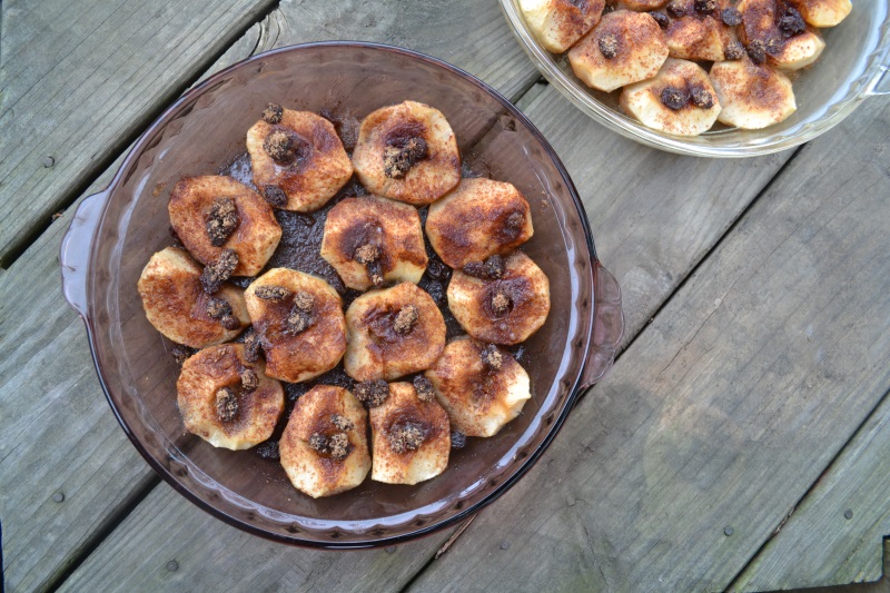 Harvest Spiced Baked Apples in purple pie plate. Delicious and easy recipe from www.ApronFreeCooking.com