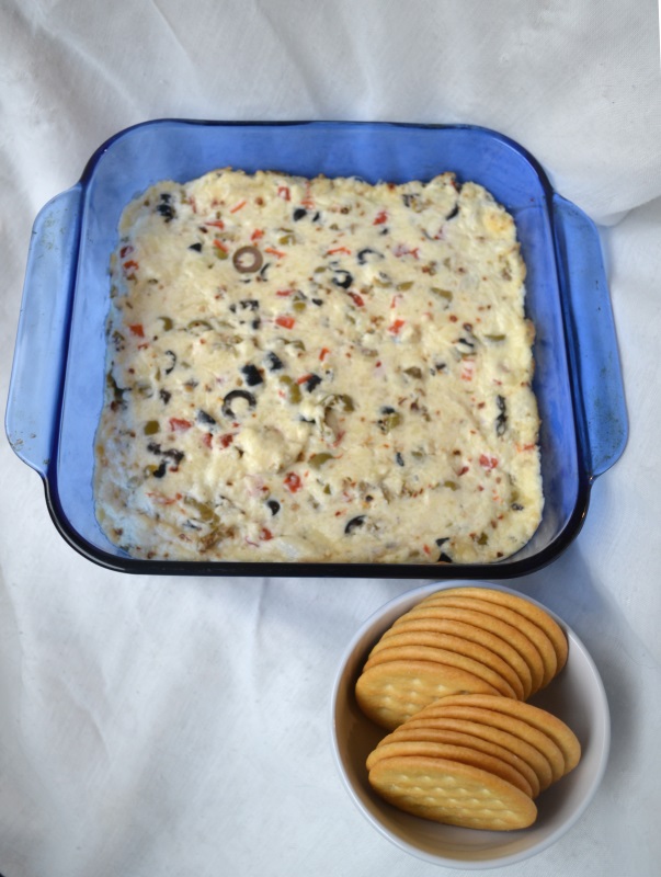 Pan of Cheesy Olive Dip from www.ApronFreeCooking.com