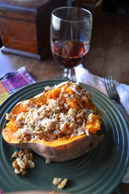 Loaded Baked Sweet Potato with coconuts and walnuts