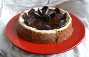 Peppermint Patty Cheesecake on red plate