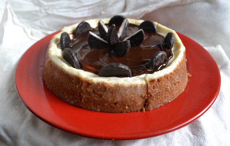 Peppermint Patty Cheesecake on red plate 