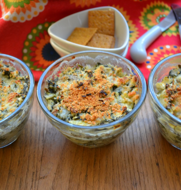 Spinach Artichoke Dip Individual Appetizers in glass bowls