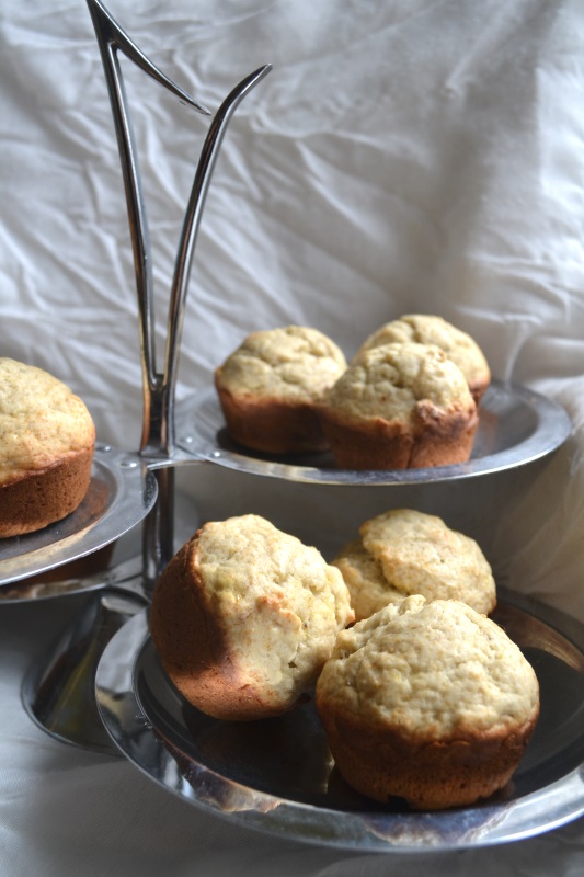 Banana Tea Muffins on a sliver tea cake server ready to eat with afternoon tea. from www.ApronFreeCooking.com