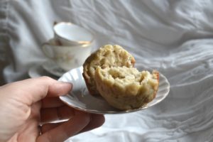 Banana Tea Muffins on a white plate ready to eat with afternoon tea. from www.ApronFreeCooking.com