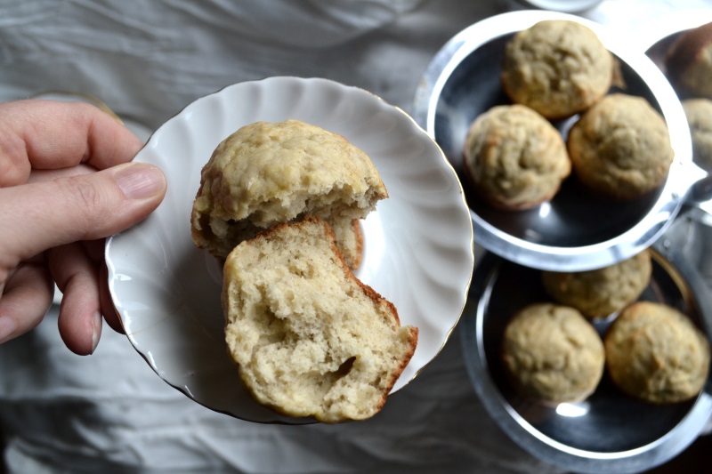 Banana Tea Muffins on a white plate ready to eat with afternoon tea. from www.ApronFreeCooking.com