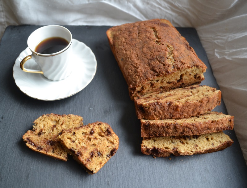 Cappuccino Coffee Bread with a cup of coffee on slate from www.ApronFreeCooking.com