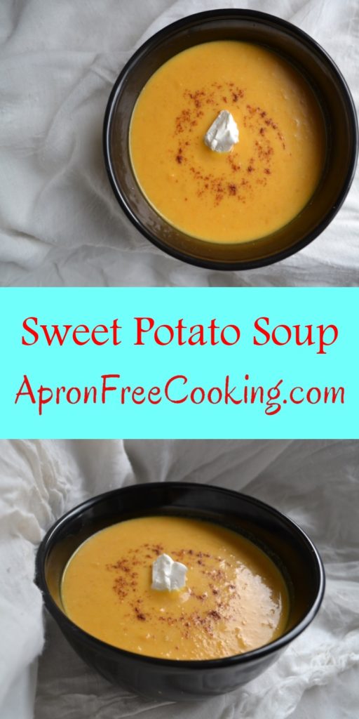 Savory Sweet Potato Soup in black bowl on white tablecloth. www.ArponFreeCooking.com