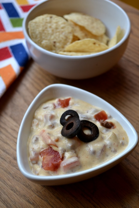 Simple Queso Dip with nacho chips in a white bowl from www.ApronFreeCooking.com