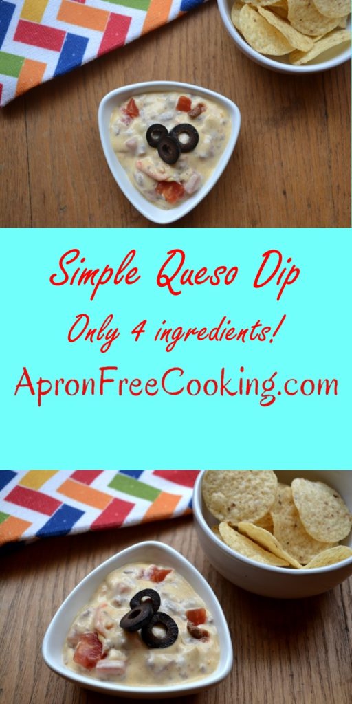 Simple Queso Dip with nacho chips in a white bowl from www.ApronFreeCooking.com