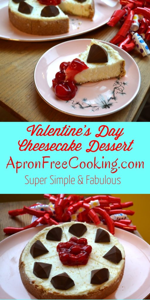 Valentine Cheesecake with cherry topping and chocolate diamonds from www.ApronFreeCooking.com