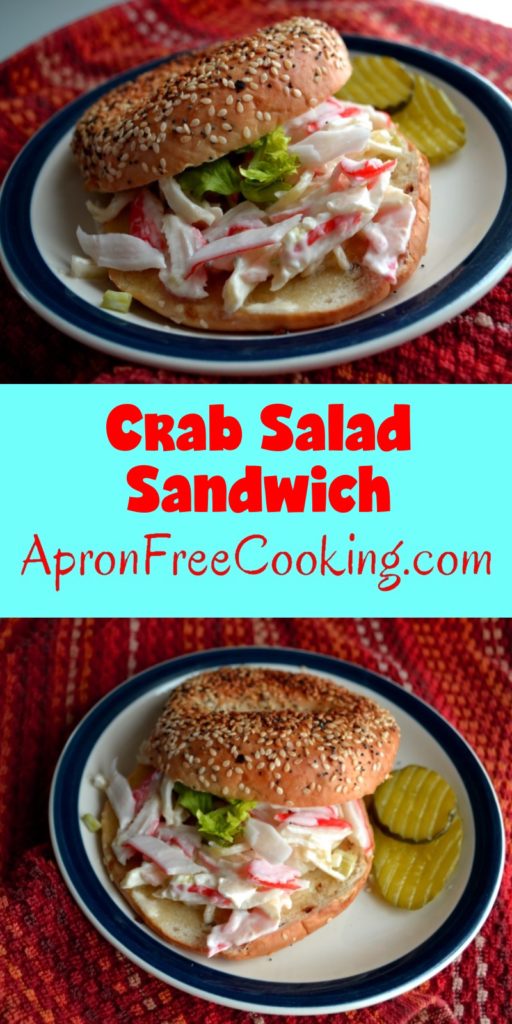 Easy Crab Salad Sandwich recipe served on a bagel with dill pickles from www.ApronFreeCooking.com
