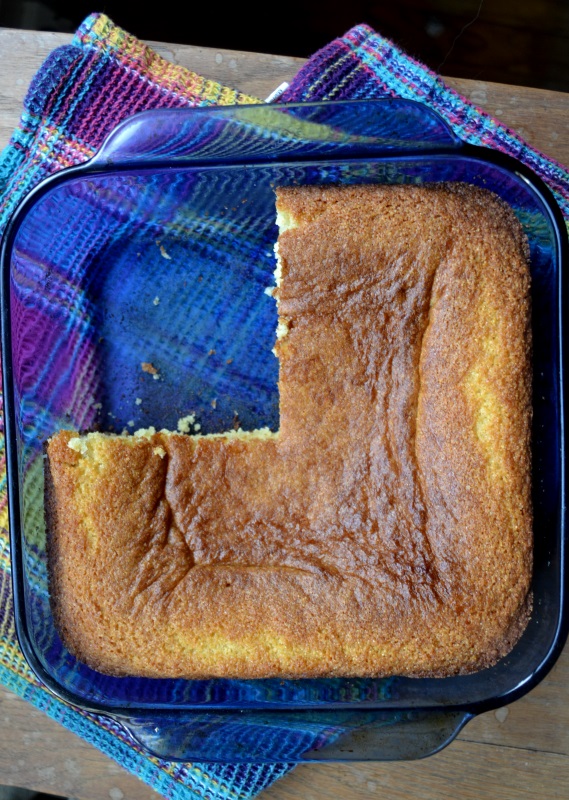 Lunch Lady Cornbread in a blue dish. Make your inner 4th grader happy. from www.ApronFreeCooking.com