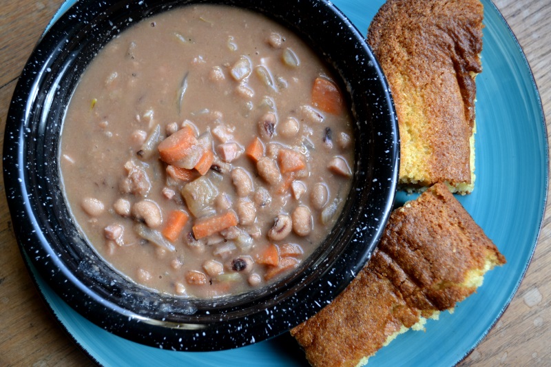 Ham and Bean Soup for Two with cornbread on the side from www.ApronFreeCooking.com