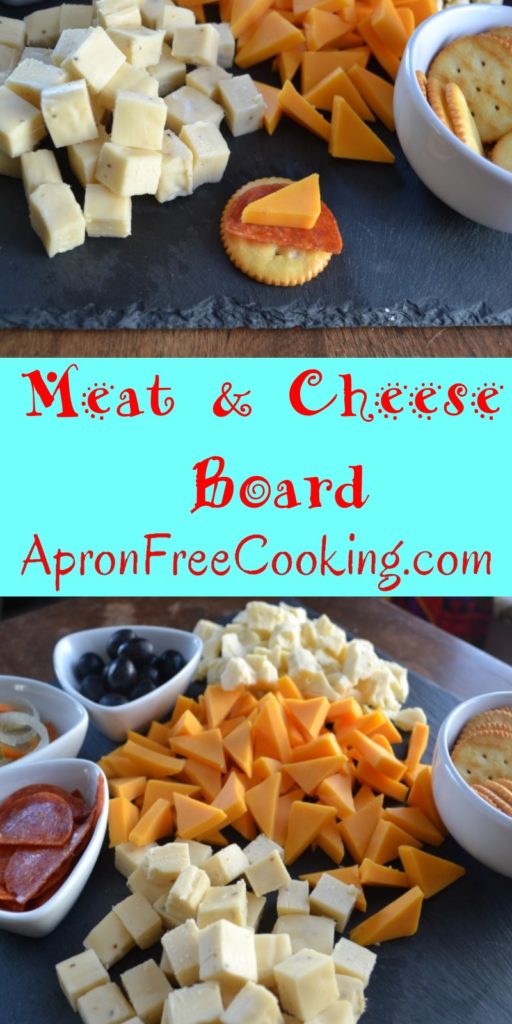 Meat and Cheese Board makes snacking easy with three types of cheese and some toppings. from www.ApronFreeCooking.com
