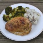 Roast chicken on white plate with broccoli and mashed potatoes from www.ApronFreeCooking.com