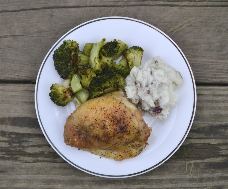 Roast chicken on white plate with broccoli and mashed potatoes from www.ApronFreeCooking.com