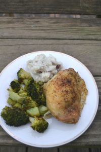 Roast chicken on white plate with broccoli and mashed potatoes from www.ApronFreeCooking.com