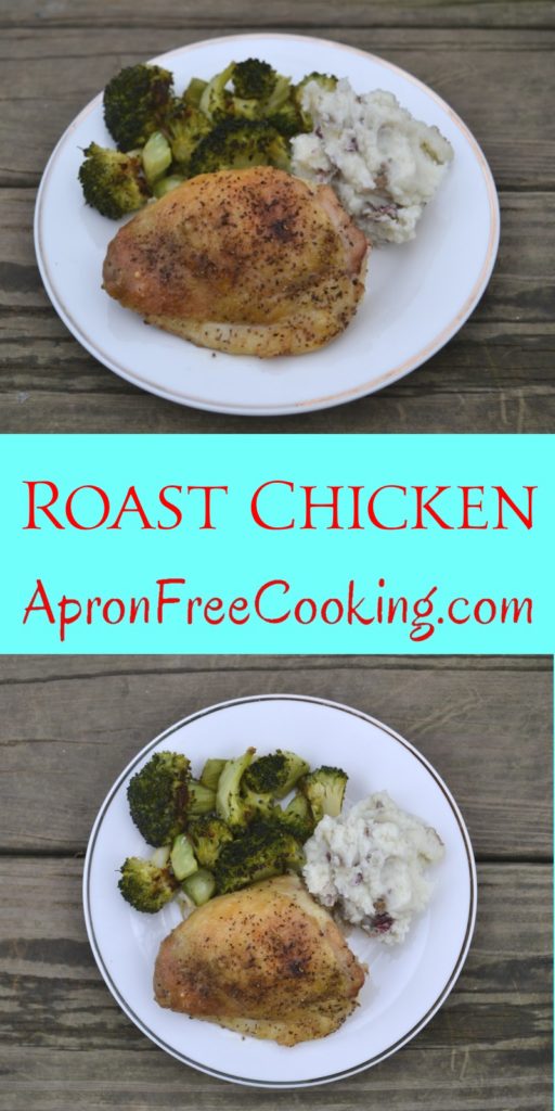 Roast chicken on white plate with broccoli and mashed potatoes from www.ApronFreeCooking.com
