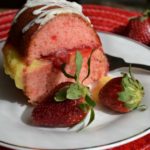 Strawberry Boston Cream Cake on white plate from www.ApronFreeCooking.com