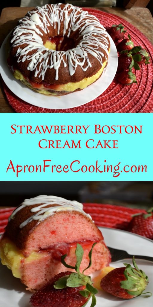 Strawberry Boston Cream Cake on white plate from www.ApronFreeCooking.com
