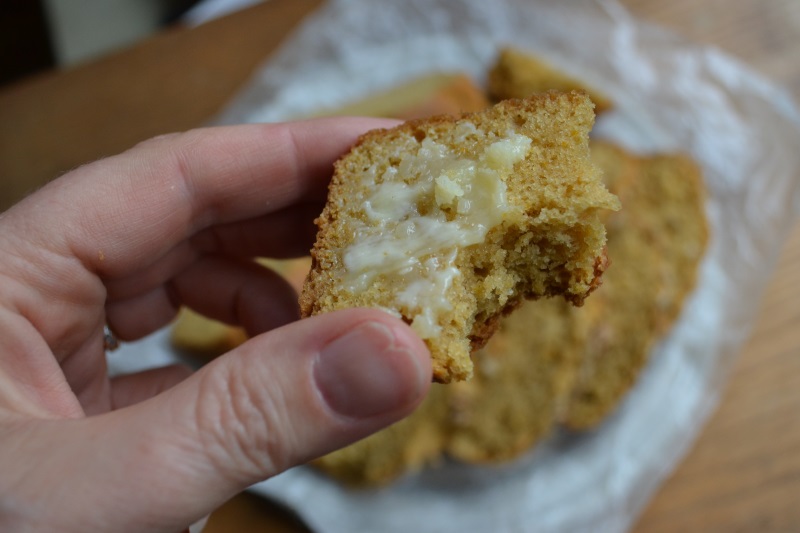 Sweet Potato Quick Bread slice with butter from www.ApronFreeCooking.com