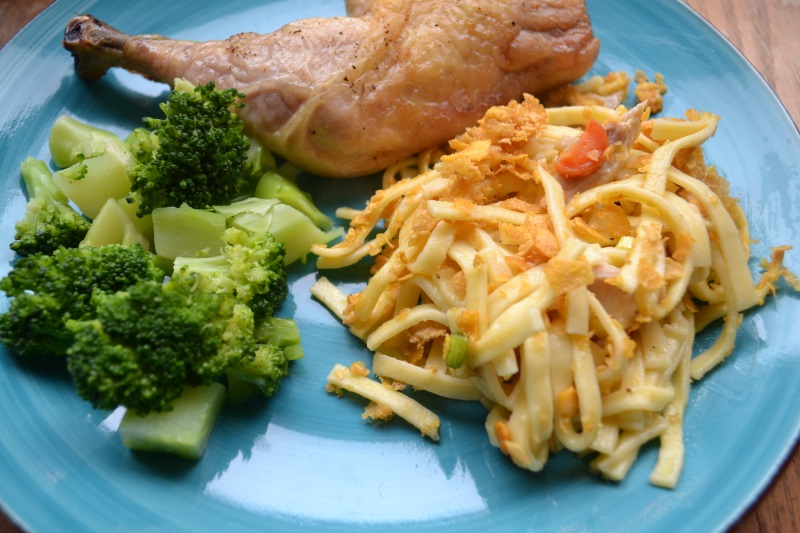 Grandmas Chicken Noodle Casserole with corn flake topping from www.ApronFreeCooking.com