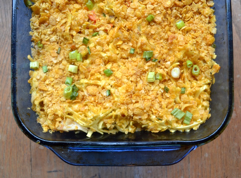 Grandmas Chicken Noodle Casserole in 9x12 pan with corn flake topping from www.ApronFreeCooking.com