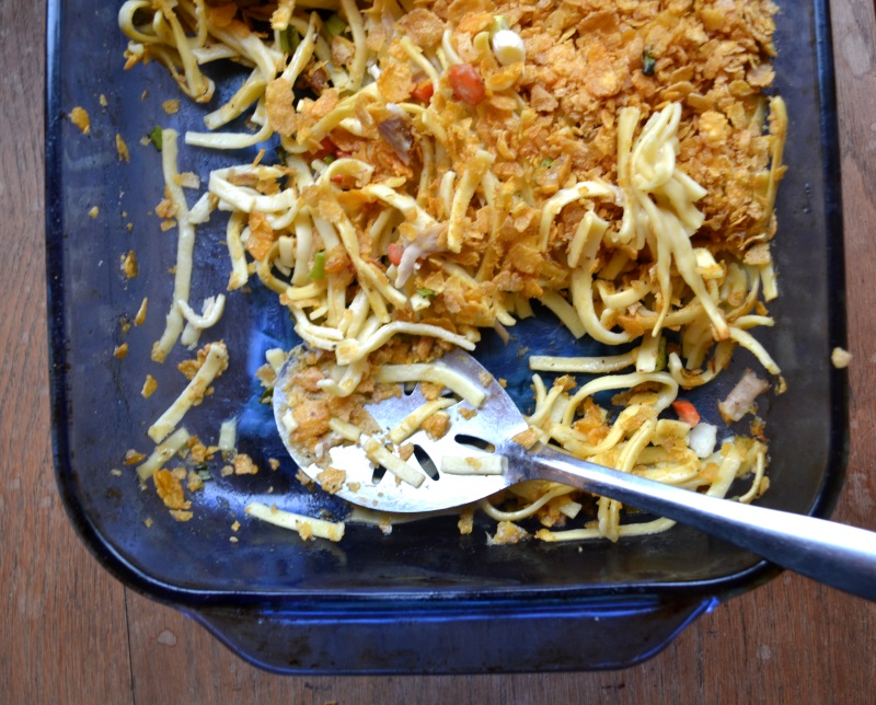 Grandmas Chicken Noodle Casserole with corn flake topping from www.ApronFreeCooking.com