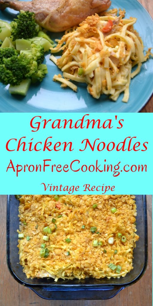 Grandmas Chicken Noodle Casserole with corn flake topping from www.ApronFreeCooking.com