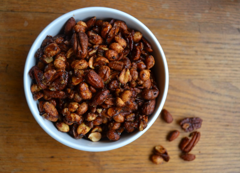 Coffee Glazed Nuts in white bowl from www.ApronFreeCooking.com