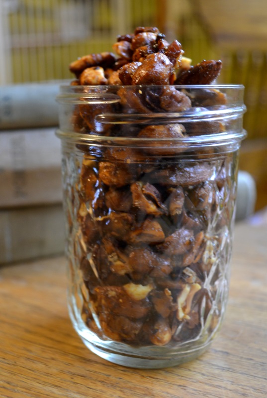 close up of Coffee Glazed Nuts in canning jar from www.ApronFreeCooking.com