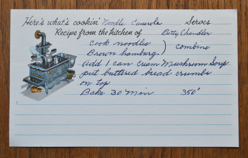 Grandma's handwritten Vintage Recipe card for Noodle Casserole from www.ApronFreeCooking.com