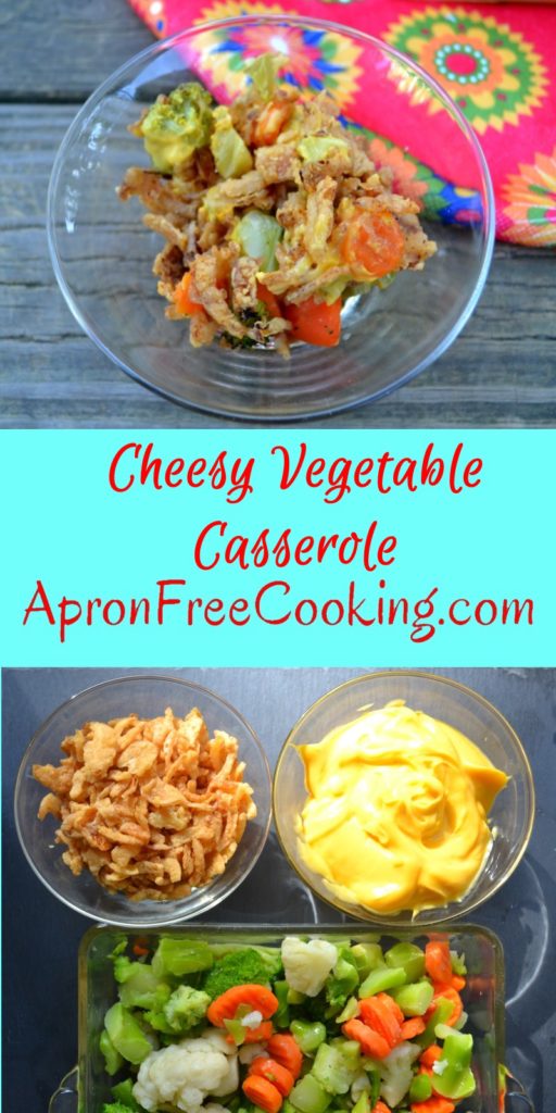 Pinterest worthy photo of cheesy vegetable casserole made with only 3 ingredients from www.ApronFreeCooking.com