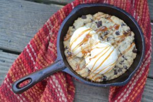 Chocolate Chip Skillet Cookie in cast iron skillet from www.ApronFreeCooking.com