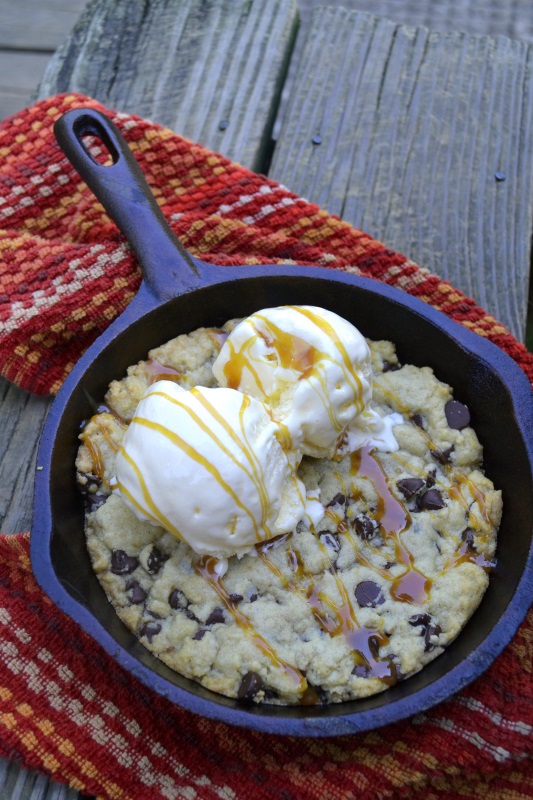 Chocolate Chip Skillet Cookie in cast iron skillet perfect for two from www.ApronFreeCooking.com