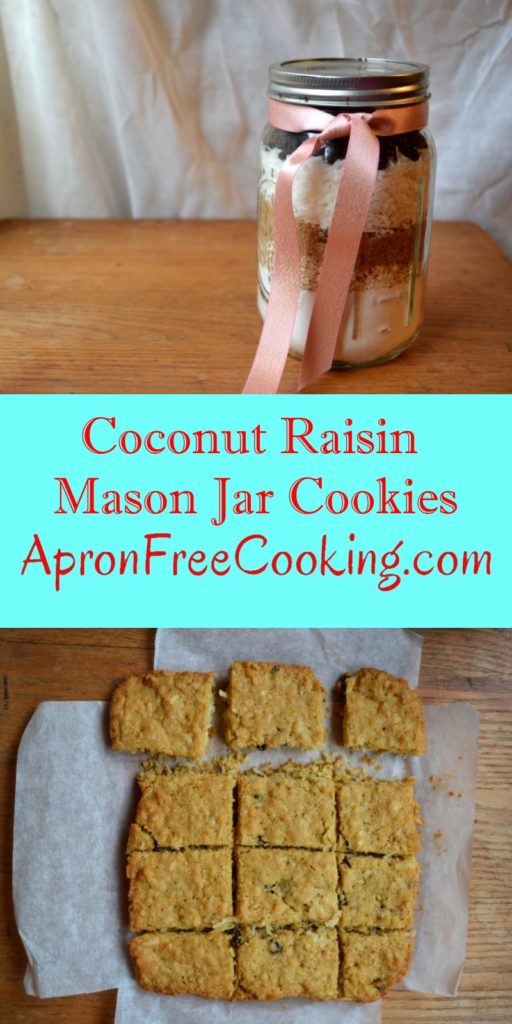 Coconut Raisin Mason Jar Cookies a great gift idea for homemade cookies from www.ApronFreeCooking.com