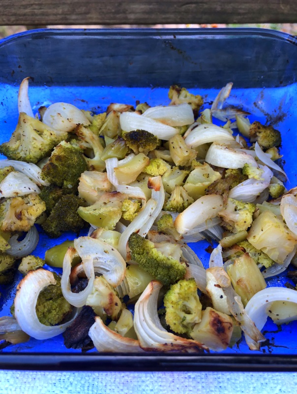 Oven Roasted Broccoli fresh from the oven in a blue dish from www.ApronFreeCooking.com