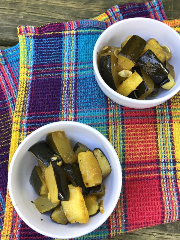 Easy oven Roasted Zucchini servings in white bowls from www.ApronFreeCooking.com