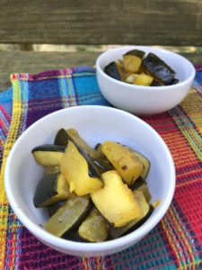 Easy oven Roasted Zucchini servings in white bowls from www.ApronFreeCooking.com