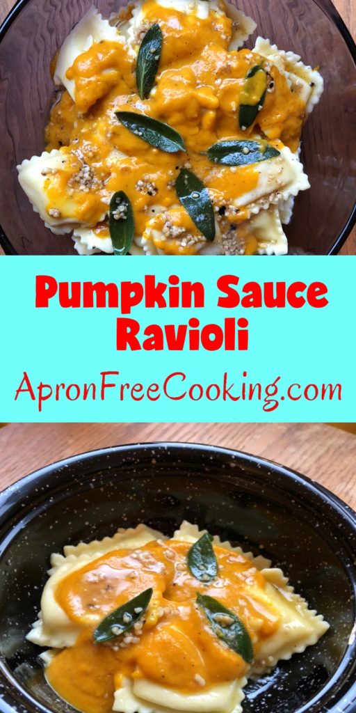 Pumpkin sauce with sage leaves in brown butter over cheese ravioli served in a black bowl from www.ApronFreeCooking.com