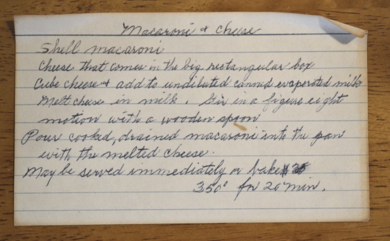 Grandma Troxels Mac and Cheese Recipe Card handwritten vintage recipe from www.ApronFreeCooking.com