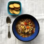 Hamburger Vegetable Soup in blue bowl from www.ApronFreeCooking.com