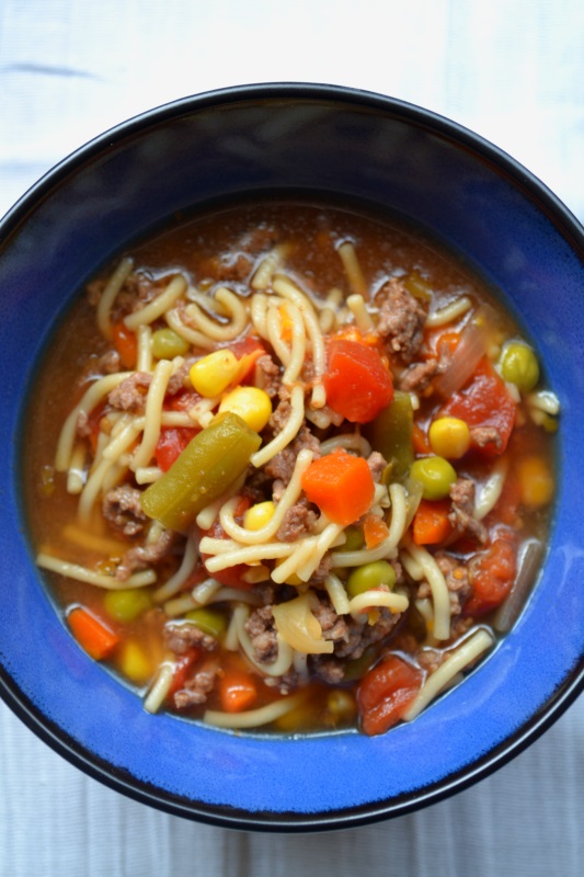 Hamburger Vegetable Soup close up photo from www.ApronFreeCooking.com